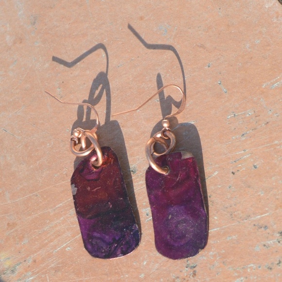 Minimalist Abstract Geometric Purple Pink  Solid Copper Cute little Earrings - Picture 4 of 4